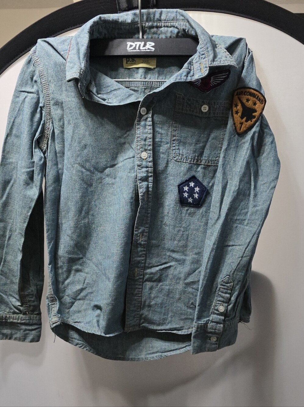 Aeropostale Light Blue Denim-Style Button Down Shirt with Patches Kid 12